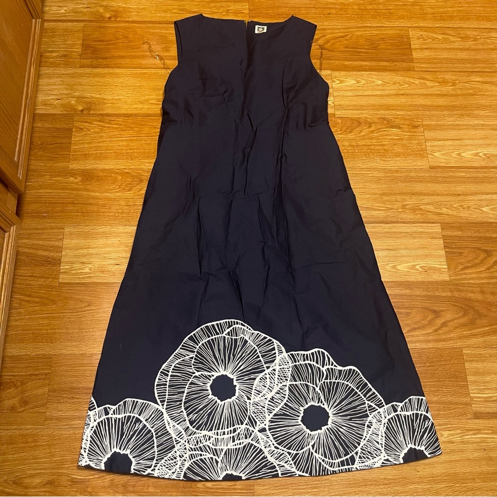 Anne Klein Vanessa Border Print Midi Dress with Attached Sash, Navy, Size 10